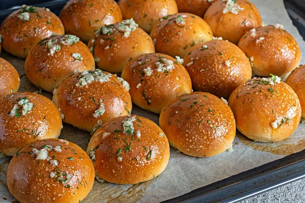 Nybakade Bullar Pampushki Med Vitlök Och Dill Till Den Första Royaltyfria Stockfoton