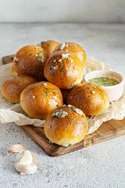 Freshly Baked Buns Pampushki Garlic Dill First Course Soup Wooden — Stock Photo, Image
