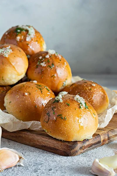 Freshly Baked Buns Pampushki Garlic Dill First Course Soup Wooden — Stock Photo, Image