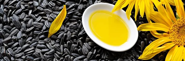 Fresh sunflower flower on a background of black seeds with a bowl of sunflower oil, vegetable oil by cold pressing. The concept of vegetable fats.