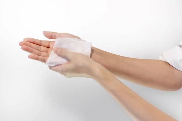 Frau Reinigt Ihre Hand Wischen Isolierten Hintergrund — Stockfoto