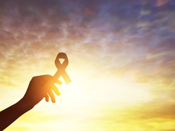 Hand Holding Black Awareness Ribbon Sunset Sky — Stock Photo, Image