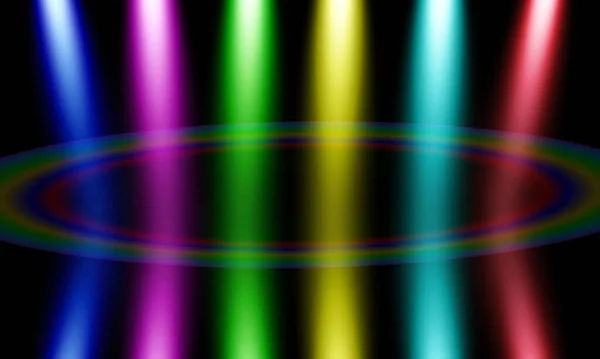 多色の光の閃光 黒い背景に反射する光線の影響 — ストックベクタ
