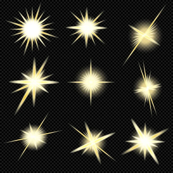 Luces Amarillas Brillantes Estrellas Destello Sol Con Rayos Focos Conjunto — Archivo Imágenes Vectoriales