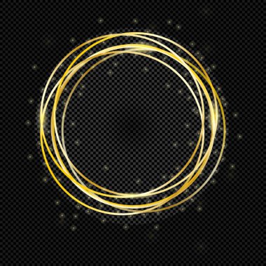 Altın renkli yuvarlak pankart. Altın çember. Işık efektleri. Parlak yüzük çerçevesi. Siyah şeffaf arka planda izole edilmiş. Vektör illüstrasyonu