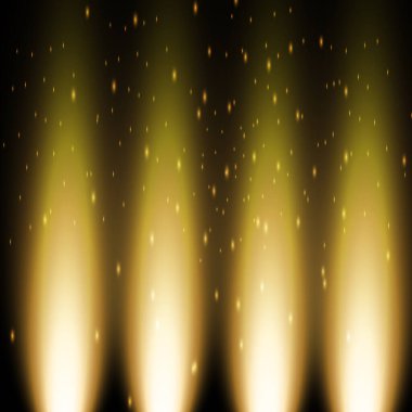 Sarı ışık, ateş, siyah bir arka planda toz ve parlaklıkla ışıldayan ışınlar