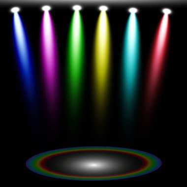 Renkli ışıklandırmalı sahne podyumu, siyah arkaplanlı ödül törenli sahne podyumu, vektör illüstrasyonu