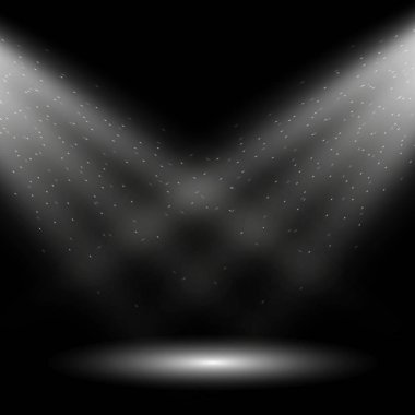 Sahnenin arka planında beyaz spot ışıkları yanıp sönüyor, parıldıyor, yıldızlar siyah arka planda parlıyor.