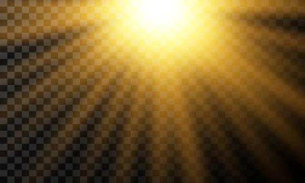 透明な背景に日光 ぎらぎらと日光が落ちる ビームで爆発性のフラッシュ 星爆発 黄金の太陽光と光の効果 黄金の輝くフラッシュ — ストックベクタ