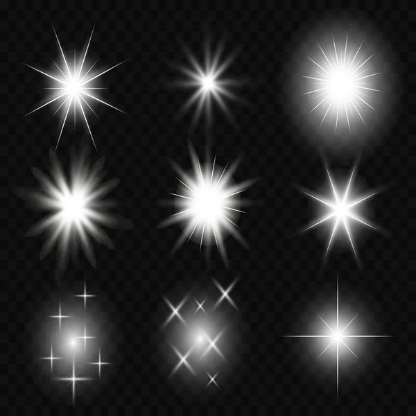 一组矢量发光效应的恒星在透明的背景下闪烁着光芒 透明的星星 — 图库矢量图片