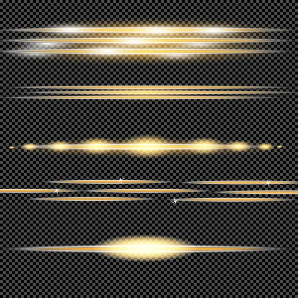 Uppsättning Glödande Gyllene Horisontella Lins Facklor Transparent Bakgrund Laser Ljusstrålar — Stock vektor