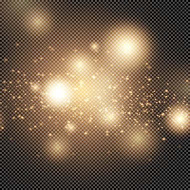 Altın parıltılı parçacıklar. Işık efekti şeffaf arkaplanda izole edildi. Tasarımınız için grafiksel kavram.