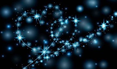 Bokeh ışıl ışıl toz mavi parıldayan yıldızlar ve kalp parıltısı dokusu. Lüks tebrik kartı için Noel efekti.