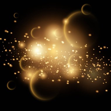 Parlak altın toz taşıyıcısı simleri, daireler. Arka plan için parlak dekorasyonlar. Vektör illüstrasyonu.