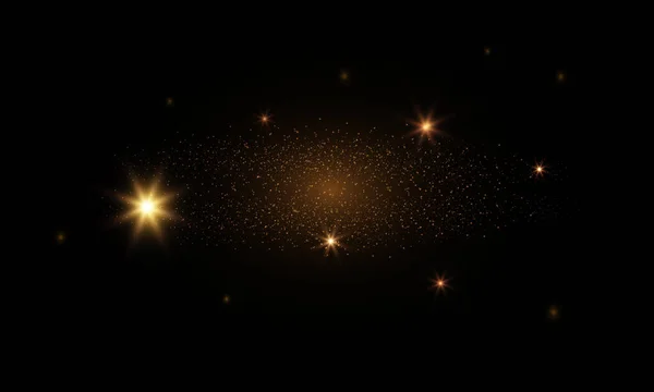 Destello Dorado Cielo Estrella Brillante Polvo Brillante Sobre Fondo Negro — Vector de stock