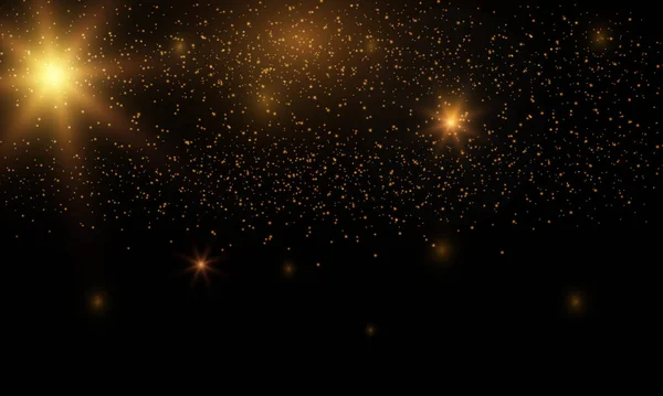 Destello Dorado Cielo Estrella Brillante Polvo Brillante Sobre Fondo Negro — Vector de stock