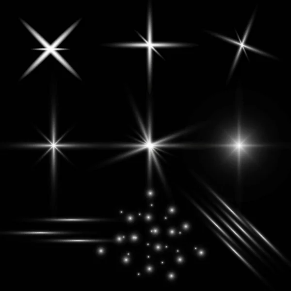 Conjunto Estrelas Linhas Efeito Luzes Brilhantes Flashes Explosões Efeito Especial — Vetor de Stock