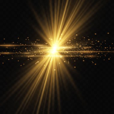Şeffaf bir arkaplanda güneş ışığı, toz ve parıltı patlaması etkisi yaratan altın yıldız.