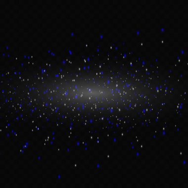 Beyaz ve mavi parlak toz, parıltı. Şatafatlı, parlak konfeti. Dağıtılmış hafif parıltı. Yeni yıl Noel 'i. Şeffaf bir arkaplanda