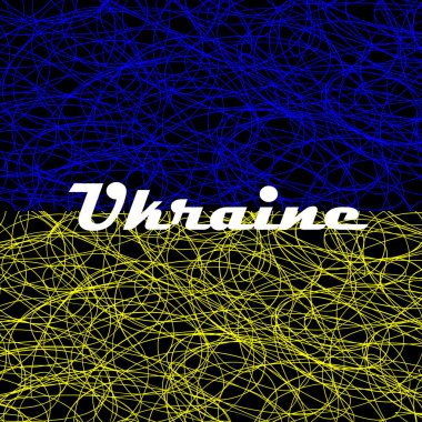 Ukrayna bayrağı mavi ve sarı renklerle çizgilerden, buklelerden ve Ukrayna yazıtlarından