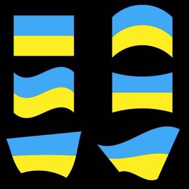 Siyah zemin üzerinde farklı doku ve şekillerden oluşan mavi ve sarı renkli Ukrayna bayrakları.