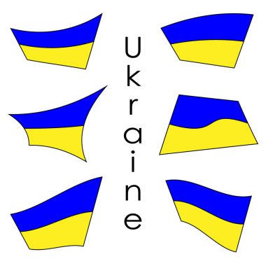 Ukrayna bayrakları, farklı dokulardan ve şekillerden oluşan mavi ve sarı bayraklar. Beyaz bir zemin üzerinde Ukrayna yazıları var.