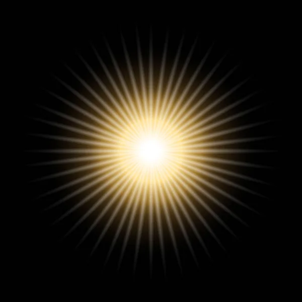 Jasne Słońce Promienie Światła Lśniąca Gwiazda Czarnym Tle — Wektor stockowy