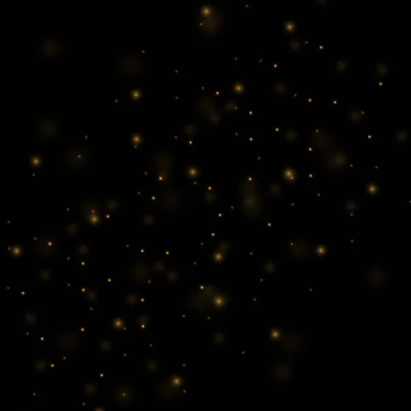 黄金の塵と輝きの効果は 黒い背景に明るいフラッシュを飛んでいます ボケ効果 — ストックベクタ