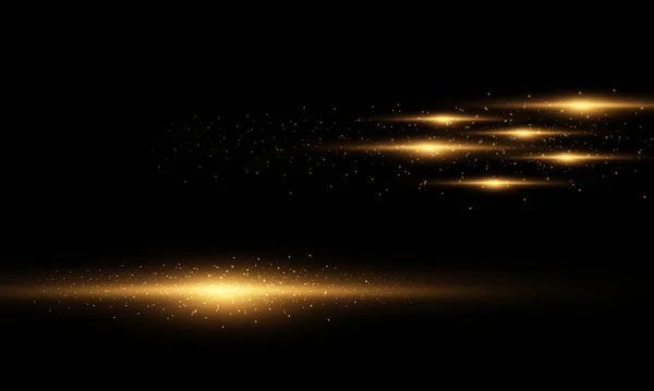 Golden Horizontal Highlights Laser Beams Dust Glare Beautiful Light Flashes — Stock Vector