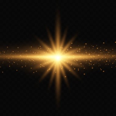 Şeffaf arka planda izole edilmiş parlak altın yıldızlar. Efektler, parıltı, çizgiler, parıltı, patlama, altın ışık. Vektör illüstrasyonu.
