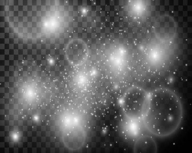 Gümüş tozunun, yıldızların ve parıltıların etkisi şeffaf bir arkaplanda parlayan parlak bir ışık. bokeh etkisi