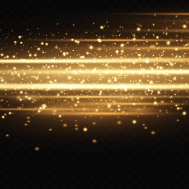 Sarı yatay mercek fişekleri paketi. Lazer ışınları, yatay ışık ışınları. Güzel ışık fişekleri. Karanlık arka planda parlak çizgiler. Parlak, soyut, ışıl ışıl bir arka plan.