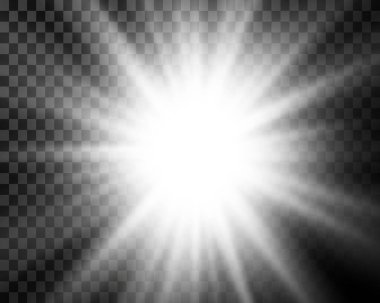 Lens parlamaları ile parlayan beyaz ışık patlaması süsleme etkisi yaratır. Şeffaf arkaplanda izole.