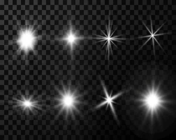 发光孤立的白色透明光效果设置 镜头照明弹 太阳闪光 火花和星星 — 图库矢量图片
