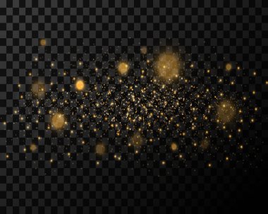 Karanlık şeffaf bir arkaplanda soyut altın ışıklar. Parlayan parçacıklarla parıldıyor. Işık efekti. Vektör illüstrasyonu.