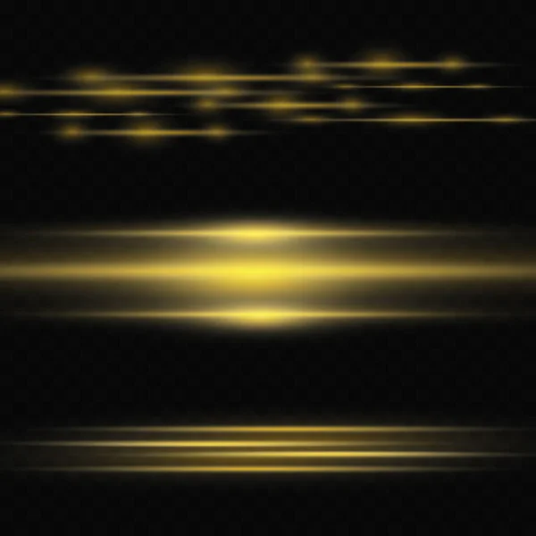 漂亮明亮的水平照明弹 金光闪闪 背景透明 深色背景上的浅色条纹 黄射线 — 图库矢量图片