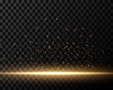 Şeffaf arkaplanda izole edilmiş yıldızlar ve parıltılarla dolu bir çizgi. Altında toz ve parıltılar olan altın renkli parlak bir çizgi. Parlak vektör ışık efekti.