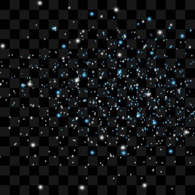 Toz ve altın yıldızlardan oluşan kıvılcımlar özel bir ışıkla parlıyor. Şeffaf bir arkaplanda vektör parıldıyor. Noel ışığı etkisi. Parıldayan sihirli toz parçacıkları.