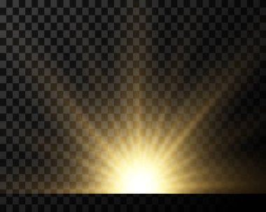 Altın ışık. Bir ışık parlaması, sihirli bir parıltı. Güneş, güneş ışınları png. Hafif png. Vektör resmi.