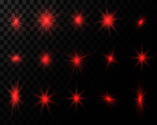 Glanzende Lichteffecten Vector Rode Vonken Gloed Met Lens Flares Transparante — Stockvector