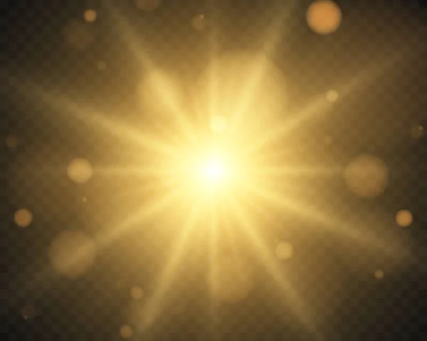 明亮明亮的恒星 明亮的恒星 明亮的黄光 透明的背景下的黄光 金色的光效果 闪烁着光芒的光芒 黄色的太阳光 矢量图解 — 图库矢量图片