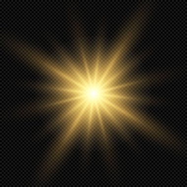 Parlak bir yıldız, parlak bir ışık parlaması, saydam bir arkaplanda sarı bir ışık patlaması, altın ışık efekti, ışıltılı güneş ışığı, sarı güneş ışınları