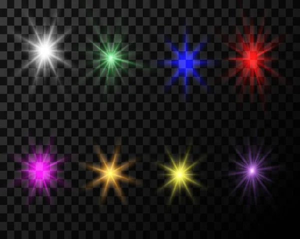 Conjunto Estrellas Multicolores Destellos Vectoriales Con Luz Sobre Fondo Transparente — Vector de stock