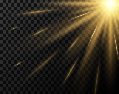 Altın parıldayan ışık, kıvılcımlar saçan, şeffaf arkaplanda patlayan. Işıl ışıl parlayan efektli parlak dekorasyon.