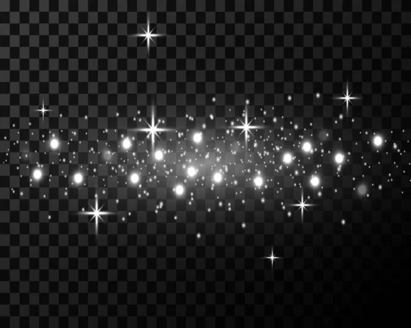 銀の閃光と星は 透明な背景に特別な光で輝きます 魔法のダスト粒子を粉砕 空の彗星 — ストックベクタ