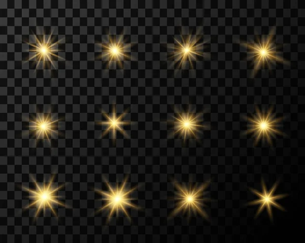 Conjunto Estrelas Douradas Vetor Pisca Com Luz Sobre Fundo Transparente — Vetor de Stock