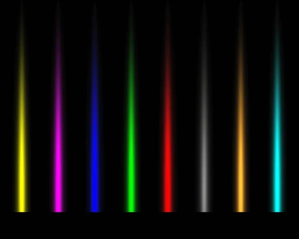 在黑色背景上带有霓虹灯照明的多色激光束 高能粒子迹 — 图库矢量图片