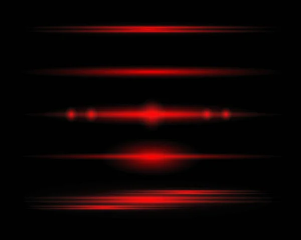Set Red Horizontal Lines Highlights Flashes Transparent Background Laser Beams — Stock Vector