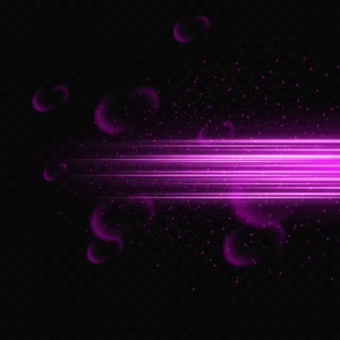 Şeffaf arka planda parıltı, toz ve röfle içeren mor çizgi koleksiyonu efekti. Lazer ışınları, yatay ışınlar, güzel neon ışınlar..