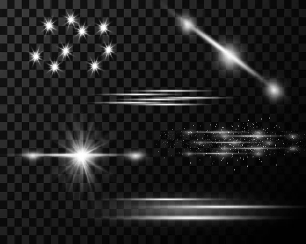 Set Silver Lines Rays Bright Flashes Stars Scattering Dust Highlights — 스톡 벡터
